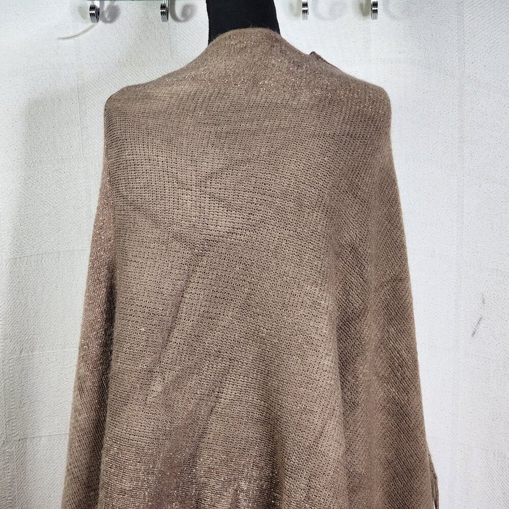 Unbranded Womens Dark Tan with Gold Metallic Trim Acrylic Sweater Poncho OSFM - Picture 11 of 16
